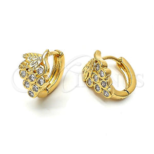Oro Laminado Huggie Hoop, Gold Filled Style Grape and Leaf Design, with White Cubic Zirconia, Diamond Cutting Finish, Golden Finish, 097.017.1