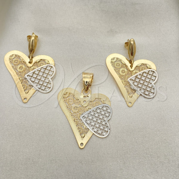 Oro Laminado Earring and Pendant Adult Set, Gold Filled Style Heart Design, Polished, Tricolor, 5.049.002