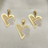 Oro Laminado Earring and Pendant Adult Set, Gold Filled Style Heart Design, Polished, Tricolor, 5.049.002
