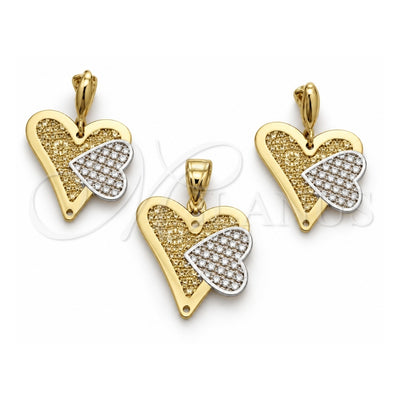 Oro Laminado Earring and Pendant Adult Set, Gold Filled Style Heart Design, Polished, Tricolor, 5.049.002