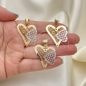 Oro Laminado Earring and Pendant Adult Set, Gold Filled Style Heart Design, Polished, Tricolor, 5.049.002