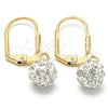 Oro Laminado Dangle Earring, Gold Filled Style Ball Design, with White Crystal, White Enamel Finish, Golden Finish, 5.120.016