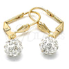Oro Laminado Dangle Earring, Gold Filled Style Ball Design, with White Crystal, White Enamel Finish, Golden Finish, 5.120.016