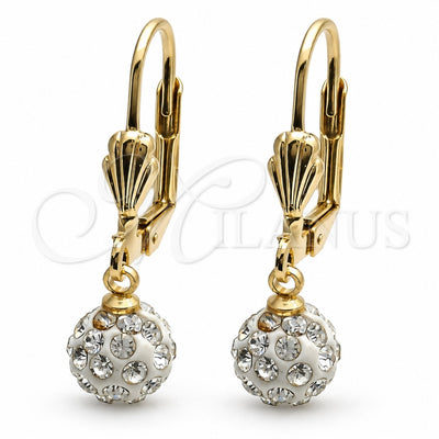 Oro Laminado Dangle Earring, Gold Filled Style Ball Design, with White Crystal, White Enamel Finish, Golden Finish, 5.120.016