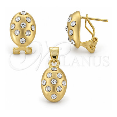 Oro Laminado Earring and Pendant Adult Set, Gold Filled Style with White Crystal, Polished, Golden Finish, 5.048.006