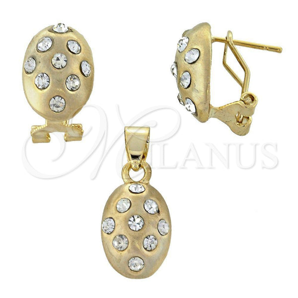 Oro Laminado Earring and Pendant Adult Set, Gold Filled Style with White Crystal, Polished, Golden Finish, 5.048.006