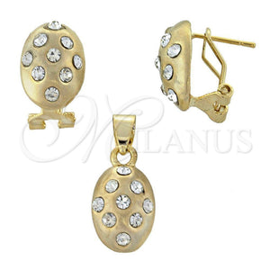 Oro Laminado Earring and Pendant Adult Set, Gold Filled Style with White Crystal, Polished, Golden Finish, 5.048.006