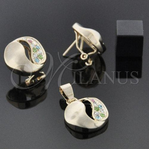 Oro Laminado Earring and Pendant Adult Set, Gold Filled Style with White Crystal, Polished, Golden Finish, 5.062.010