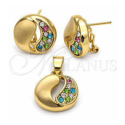 Oro Laminado Earring and Pendant Adult Set, Gold Filled Style with White Crystal, Polished, Golden Finish, 5.062.010