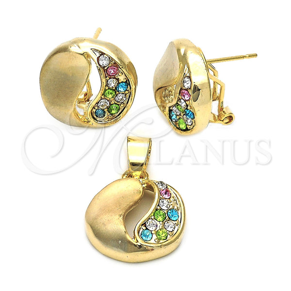 Oro Laminado Earring and Pendant Adult Set, Gold Filled Style with White Crystal, Polished, Golden Finish, 5.062.010