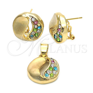 Oro Laminado Earring and Pendant Adult Set, Gold Filled Style with White Crystal, Polished, Golden Finish, 5.062.010