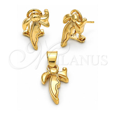 Oro Laminado Earring and Pendant Adult Set, Gold Filled Style Bow Design, Matte Finish, Golden Finish, 10.63.0114