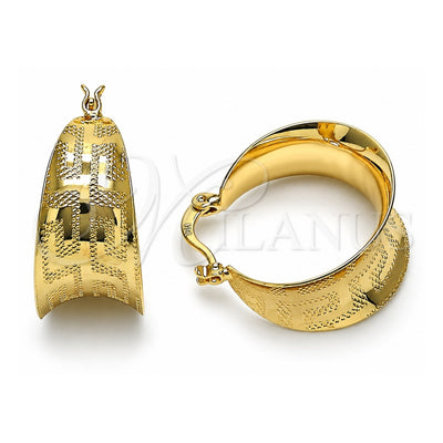Oro Laminado Small Hoop, Gold Filled Style Greek Key Design, Diamond Cutting Finish, Golden Finish, 5.150.018