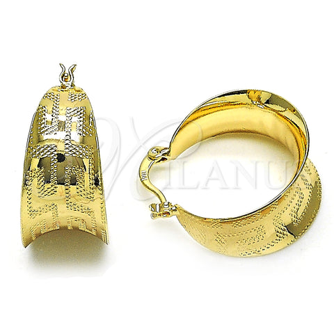 Oro Laminado Small Hoop, Gold Filled Style Greek Key Design, Diamond Cutting Finish, Golden Finish, 5.150.018
