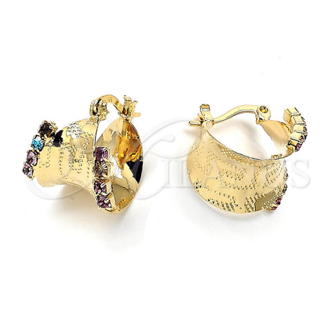 Oro Laminado Small Hoop, Gold Filled Style Greek Key Design, with Multicolor Crystal, Diamond Cutting Finish, Golden Finish, 02.63.0193