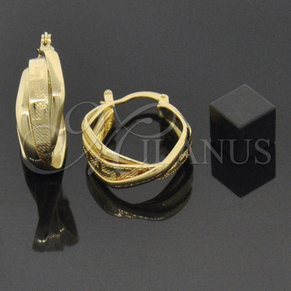 Oro Laminado Small Hoop, Gold Filled Style Twist and Greek Key Design, Diamond Cutting Finish, Golden Finish, 5.153.024.1