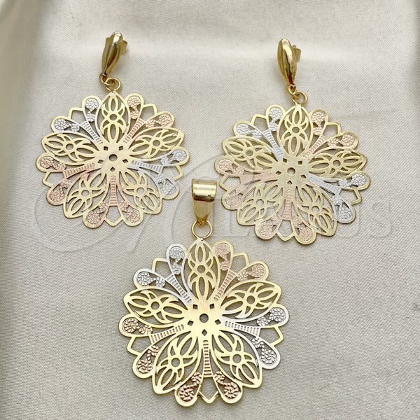 Oro Laminado Earring and Pendant Adult Set, Gold Filled Style Polished, Tricolor, 5.051.003