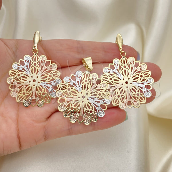 Oro Laminado Earring and Pendant Adult Set, Gold Filled Style Polished, Tricolor, 5.051.003