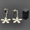 Oro Laminado Long Earring, Gold Filled Style Flower Design, with White Cubic Zirconia, Polished, Golden Finish, 95.002