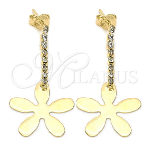 Oro Laminado Long Earring, Gold Filled Style Flower Design, with White Cubic Zirconia, Polished, Golden Finish, 95.002