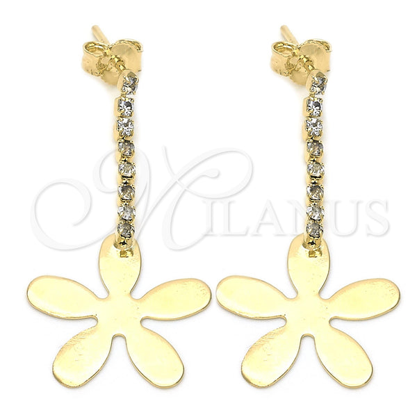Oro Laminado Long Earring, Gold Filled Style Flower Design, with White Cubic Zirconia, Polished, Golden Finish, 95.002