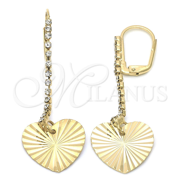Oro Laminado Long Earring, Gold Filled Style Heart Design, with White Cubic Zirconia, Polished, Golden Finish, 95.01