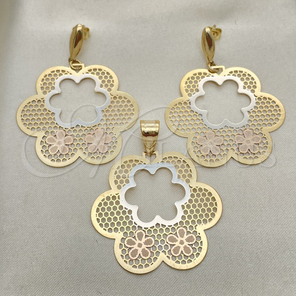 Oro Laminado Earring and Pendant Adult Set, Gold Filled Style Flower Design, Polished, Tricolor, 5.041.002