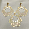 Oro Laminado Earring and Pendant Adult Set, Gold Filled Style Flower Design, Polished, Tricolor, 5.041.002