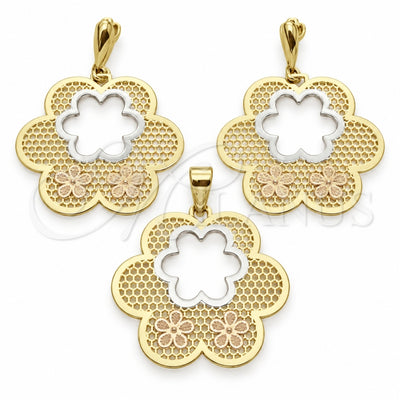 Oro Laminado Earring and Pendant Adult Set, Gold Filled Style Flower Design, Polished, Tricolor, 5.041.002