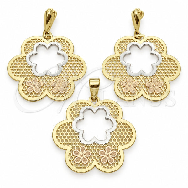 Oro Laminado Earring and Pendant Adult Set, Gold Filled Style Flower Design, Polished, Tricolor, 5.041.002