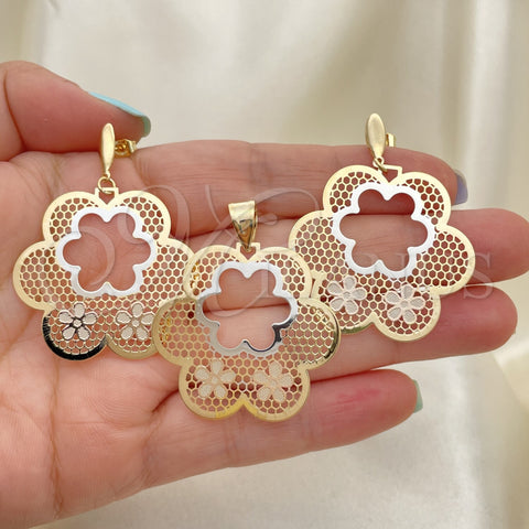 Oro Laminado Earring and Pendant Adult Set, Gold Filled Style Flower Design, Polished, Tricolor, 5.041.002