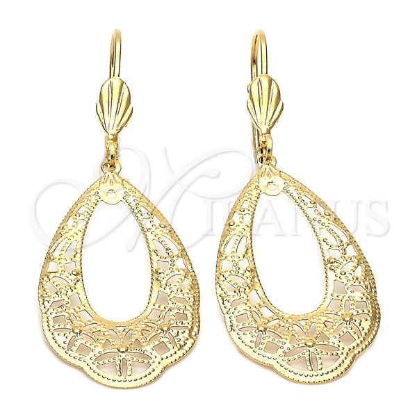 Oro Laminado Dangle Earring, Gold Filled Style Flower Design, Diamond Cutting Finish, Golden Finish, 5.078.005
