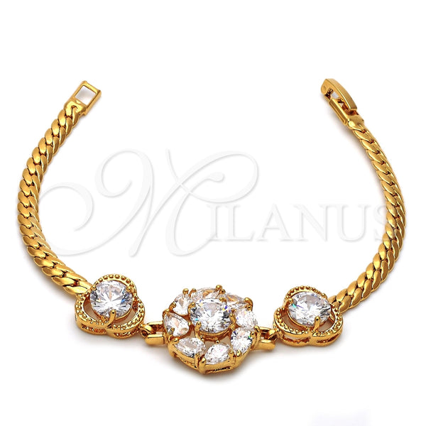 Oro Laminado Fancy Bracelet, Gold Filled Style Flower Design, with White Cubic Zirconia, Polished, Golden for wholesale, main product view