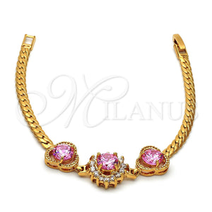 Oro Laminado Fancy Bracelet, Gold Filled Style Flower and Cluster Design, with Violet and White Cubic Zirconia, Diamond Cutting Finish, Golden Finish, 26.006 (7 Inches Length)