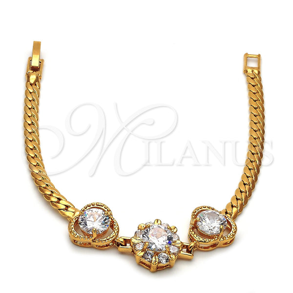 Oro Laminado Fancy Bracelet, Gold Filled Style Flower and Cluster Design, with White Cubic Zirconia, Diamond Cutting Finish, Golden Finish, 028.008.2 (7 Inches Length)