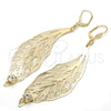 Oro Laminado Dangle Earring, Gold Filled Style Leaf Design, with White Crystal, Polished, Golden Finish, 77.001