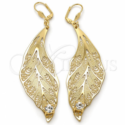 Oro Laminado Dangle Earring, Gold Filled Style Leaf Design, with White Crystal, Polished, Golden Finish, 77.001