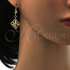 Oro Laminado Dangle Earring, Gold Filled Style Leaf Design, with White Crystal, Diamond Cutting Finish, Golden Finish, 81.009
