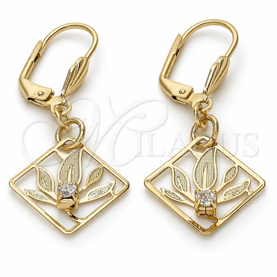 Oro Laminado Dangle Earring, Gold Filled Style Leaf Design, with White Crystal, Diamond Cutting Finish, Golden Finish, 81.009