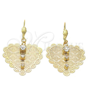Oro Laminado Dangle Earring, Gold Filled Style Heart Design, with White Cubic Zirconia, Diamond Cutting Finish, Golden Finish, 69.014