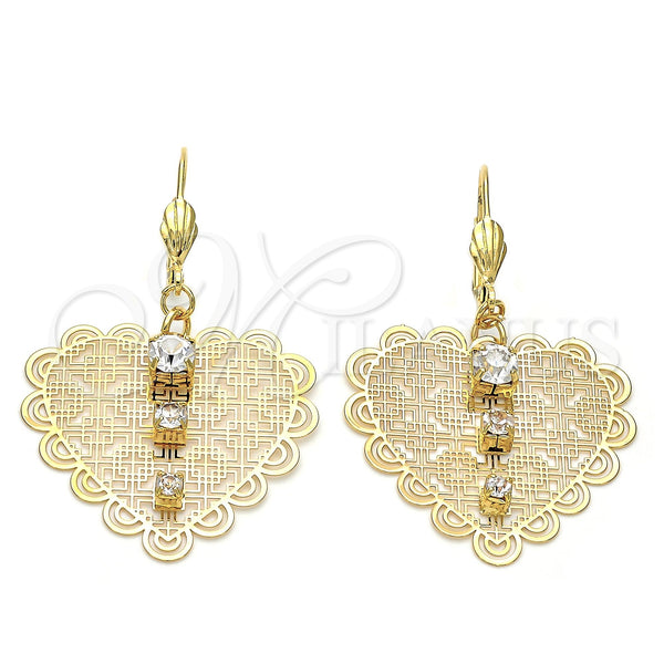 Oro Laminado Dangle Earring, Gold Filled Style Heart Design, with White Cubic Zirconia, Diamond Cutting Finish, Golden Finish, 69.014