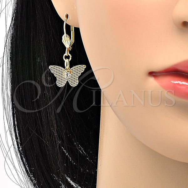 Oro Laminado Dangle Earring, Gold Filled Style Butterfly Design, with White Cubic Zirconia, Diamond Cutting Finish, Golden Finish, 69.011