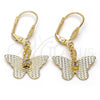 Oro Laminado Dangle Earring, Gold Filled Style Butterfly Design, with White Cubic Zirconia, Diamond Cutting Finish, Golden Finish, 69.011