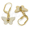 Oro Laminado Dangle Earring, Gold Filled Style Butterfly Design, with White Cubic Zirconia, Diamond Cutting Finish, Golden Finish, 69.011