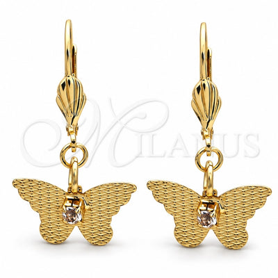 Oro Laminado Dangle Earring, Gold Filled Style Butterfly Design, with White Cubic Zirconia, Diamond Cutting Finish, Golden Finish, 69.011