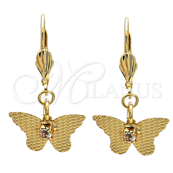 Oro Laminado Dangle Earring, Gold Filled Style Butterfly Design, with White Cubic Zirconia, Diamond Cutting Finish, Golden Finish, 69.011