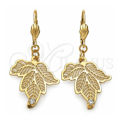 Oro Laminado Dangle Earring, Gold Filled Style Leaf Design, with White Cubic Zirconia, Diamond Cutting Finish, Golden Finish, 73.008