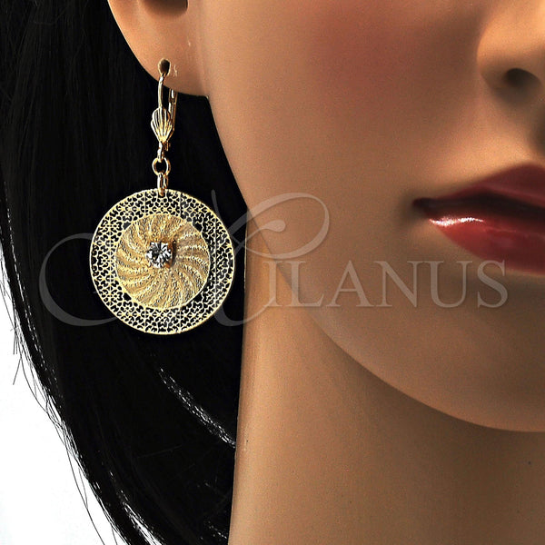 Oro Laminado Dangle Earring, Gold Filled Style Filigree and Flower Design, with White Crystal, Diamond Cutting Finish, Golden Finish, 90.006