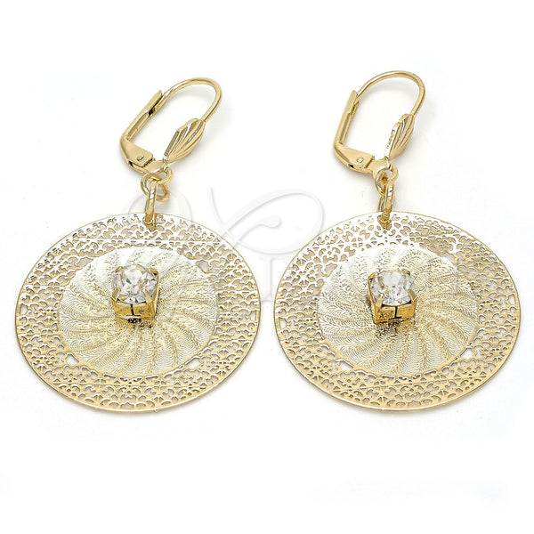 Oro Laminado Dangle Earring, Gold Filled Style Filigree and Flower Design, with White Crystal, Diamond Cutting Finish, Golden Finish, 90.006