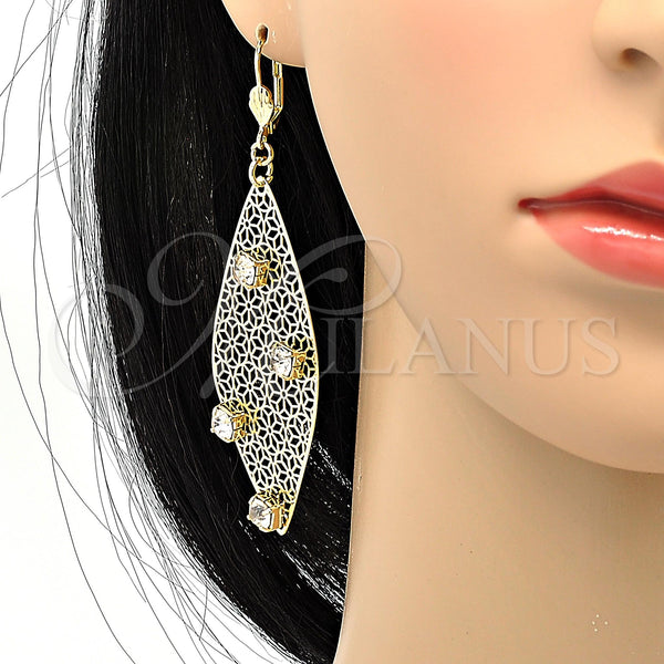 Oro Laminado Dangle Earring, Gold Filled Style Leaf and Flower Design, with White Crystal, Polished, Golden Finish, 64.008